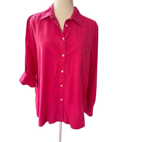 LOFT Women's Pink/Magenta Button-Up Collared Shirt Size L Long Sleeve Linen - Picture 1 of 9
